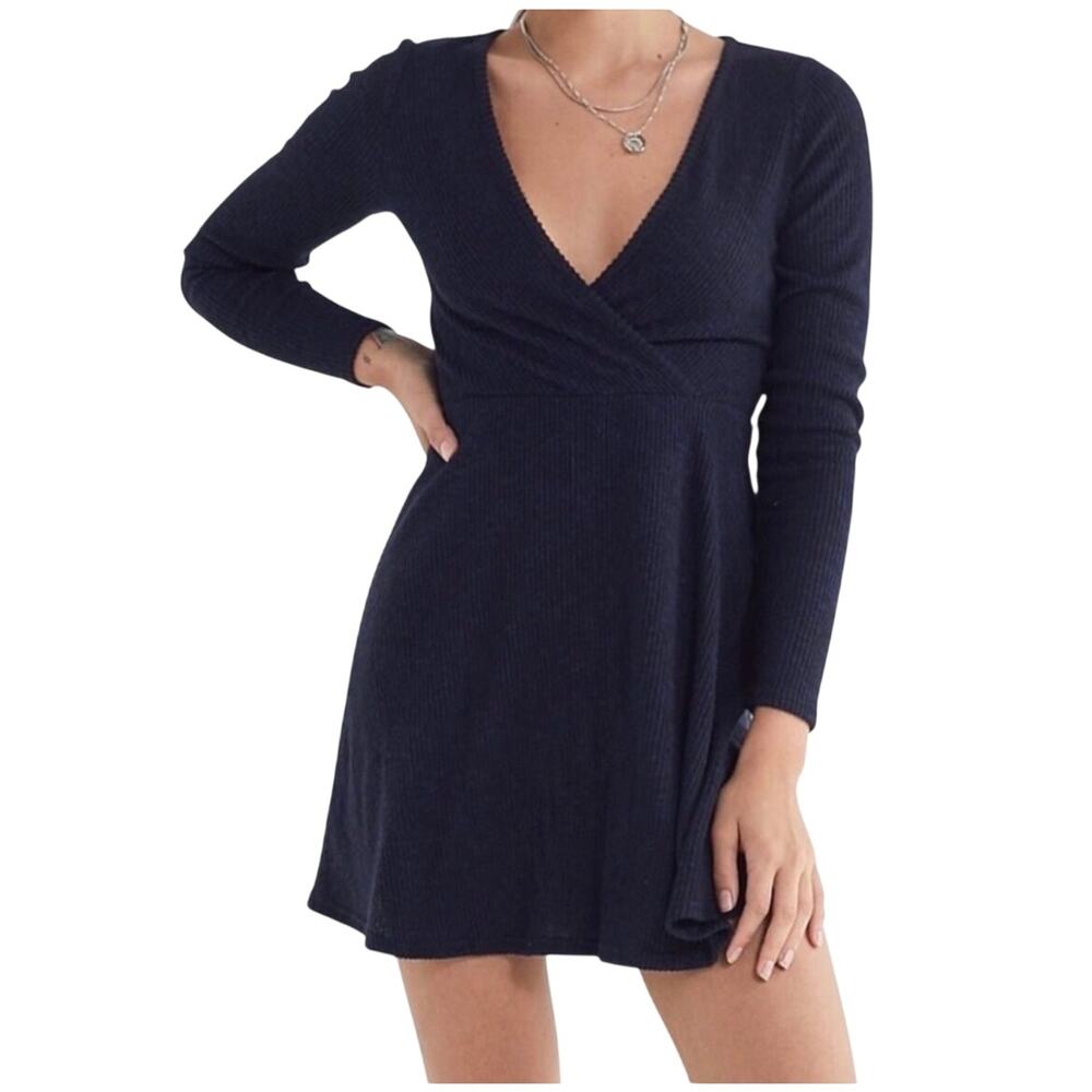 Urban Outfitters Navy Blue Long Sleeve Wrapped Neck Mini Ribbed Knit Dress SZ M